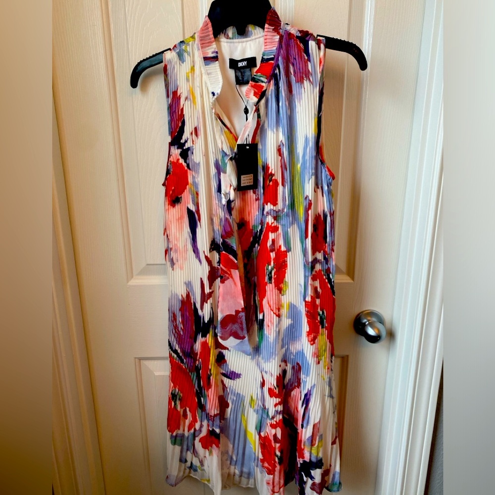 DKNY NWT Floral Pleated Midi Dress - Red, Purple, Blue